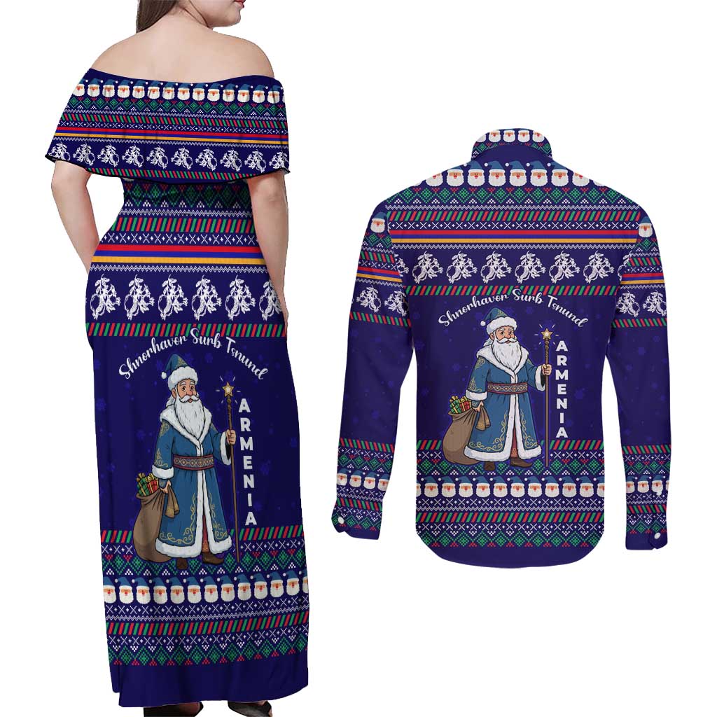 Armenia Christmas Couples Matching Off Shoulder Maxi Dress and Long Sleeve Button Shirt with Santa Claus Shnorhavor Surb Tsnund and Gift Bag Pattern - Wonder Print Shop