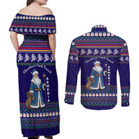 Armenia Christmas Couples Matching Off Shoulder Maxi Dress and Long Sleeve Button Shirt with Santa Claus Shnorhavor Surb Tsnund and Gift Bag Pattern - Wonder Print Shop