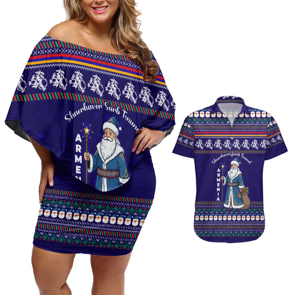Armenia Christmas Couples Matching Off Shoulder Short Dress and Hawaiian Shirt with Santa Claus Shnorhavor Surb Tsnund and Gift Bag Pattern - Wonder Print Shop