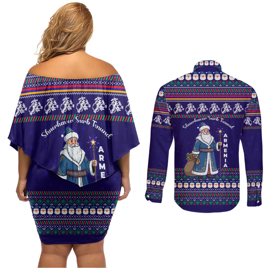Armenia Christmas Couples Matching Off Shoulder Short Dress and Long Sleeve Button Shirt with Santa Claus Shnorhavor Surb Tsnund and Gift Bag Pattern - Wonder Print Shop