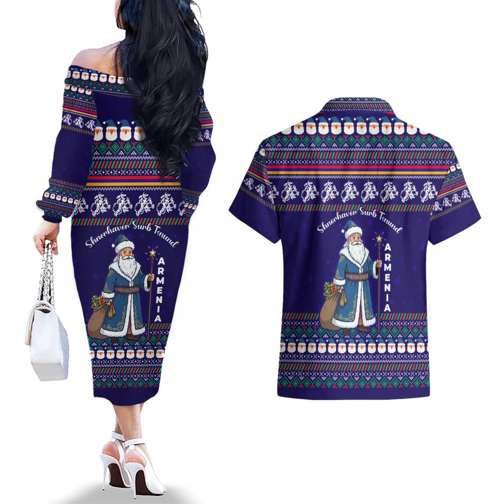 Armenia Christmas Couples Matching Off The Shoulder Long Sleeve Dress and Hawaiian Shirt with Santa Claus Shnorhavor Surb Tsnund and Gift Bag Pattern - Wonder Print Shop
