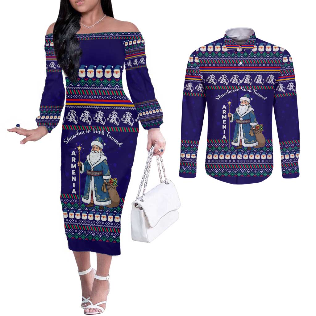 Armenia Christmas Couples Matching Off The Shoulder Long Sleeve Dress and Long Sleeve Button Shirt with Santa Claus Shnorhavor Surb Tsnund and Gift Bag Pattern - Wonder Print Shop