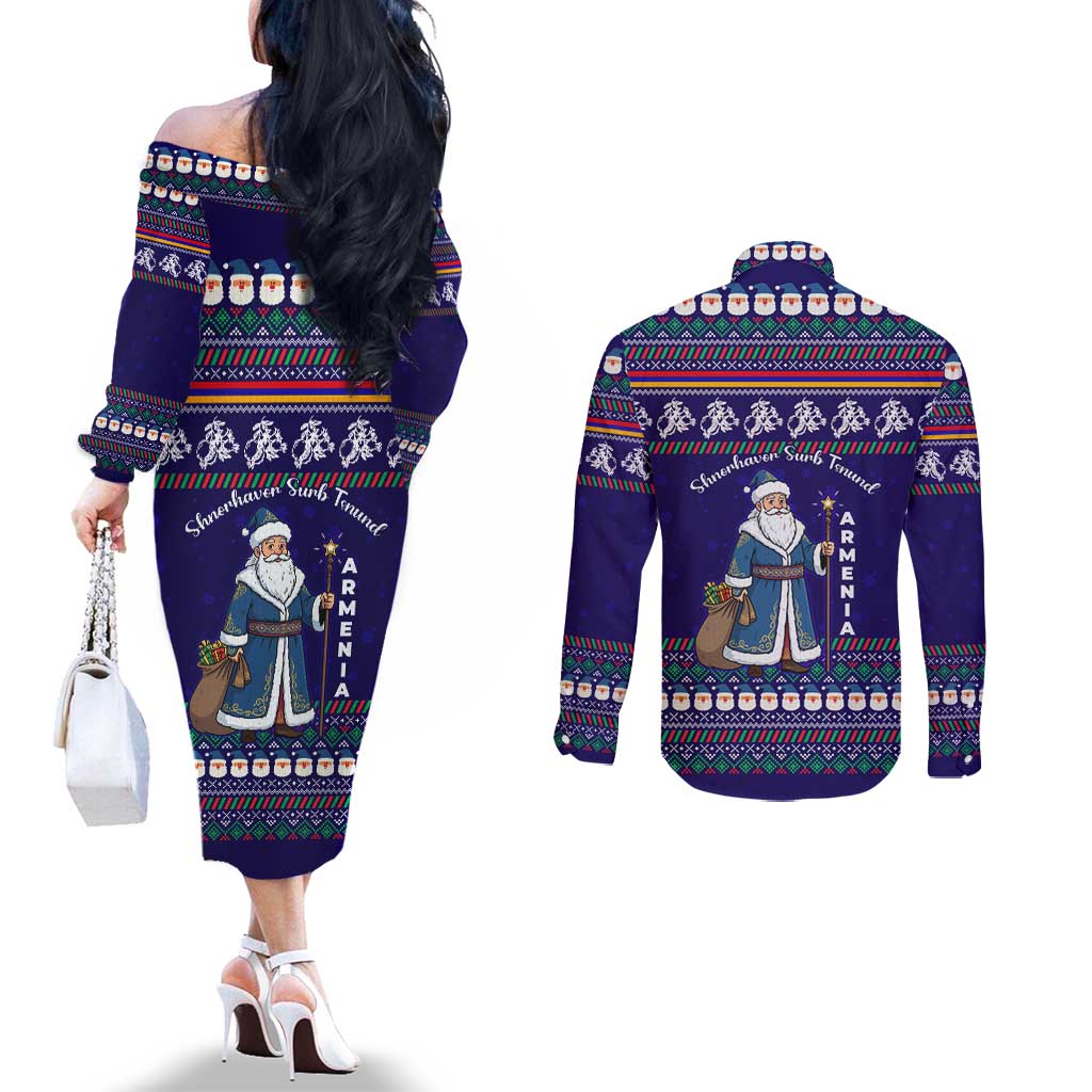 Armenia Christmas Couples Matching Off The Shoulder Long Sleeve Dress and Long Sleeve Button Shirt with Santa Claus Shnorhavor Surb Tsnund and Gift Bag Pattern - Wonder Print Shop