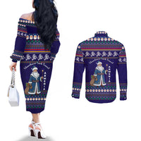 Armenia Christmas Couples Matching Off The Shoulder Long Sleeve Dress and Long Sleeve Button Shirt with Santa Claus Shnorhavor Surb Tsnund and Gift Bag Pattern - Wonder Print Shop