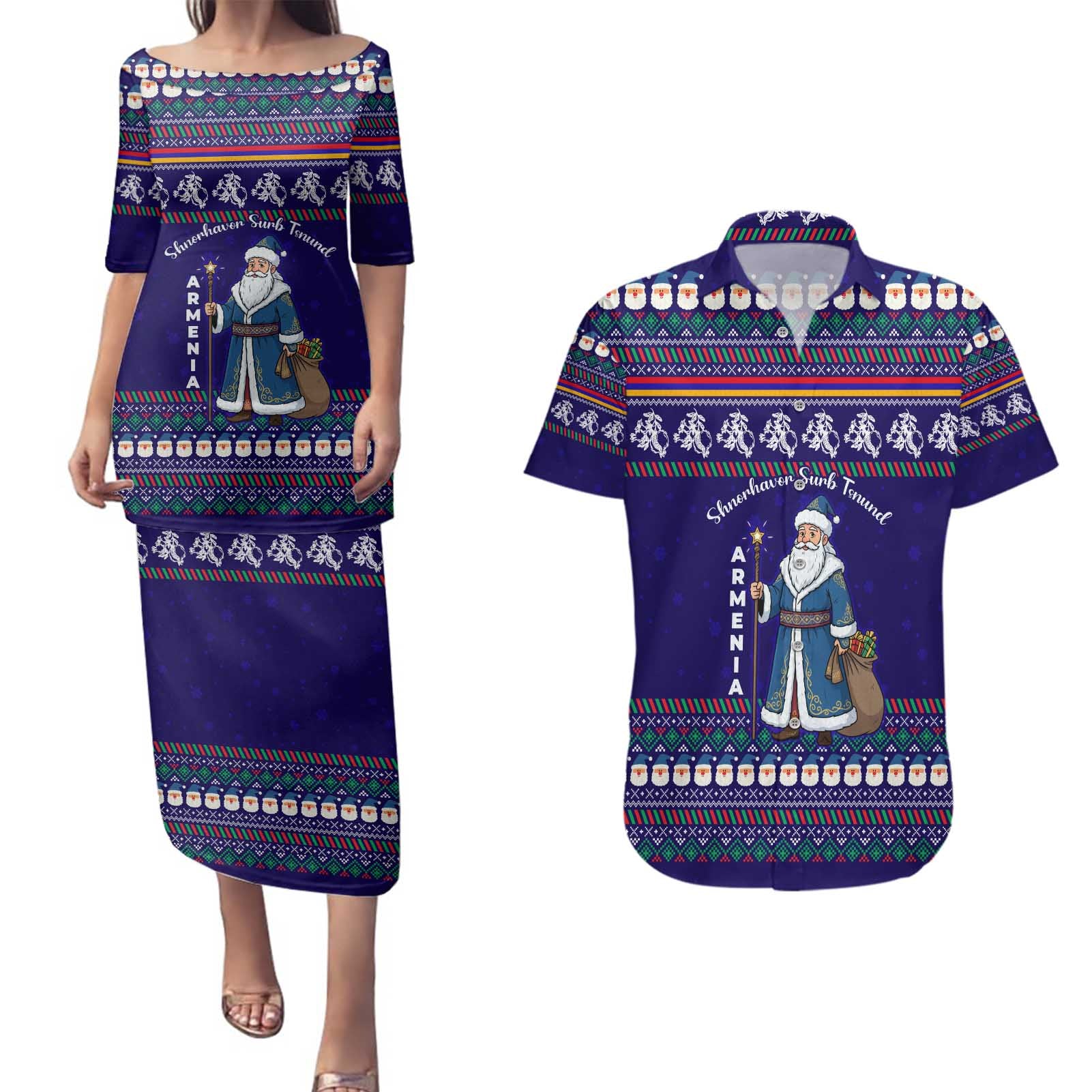 Armenia Christmas Couples Matching Puletasi and Hawaiian Shirt with Santa Claus Shnorhavor Surb Tsnund and Gift Bag Pattern - Wonder Print Shop