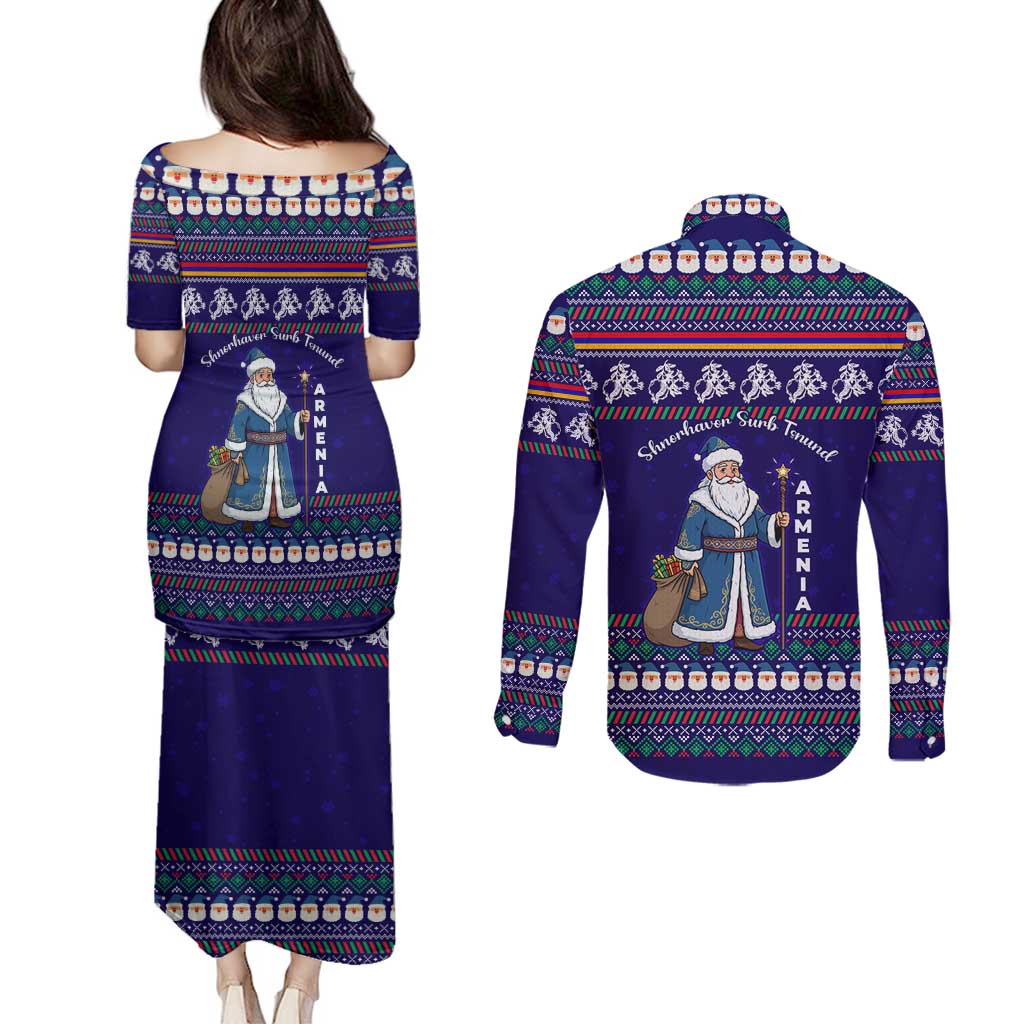 Armenia Christmas Couples Matching Puletasi and Long Sleeve Button Shirt with Santa Claus Shnorhavor Surb Tsnund and Gift Bag Pattern - Wonder Print Shop