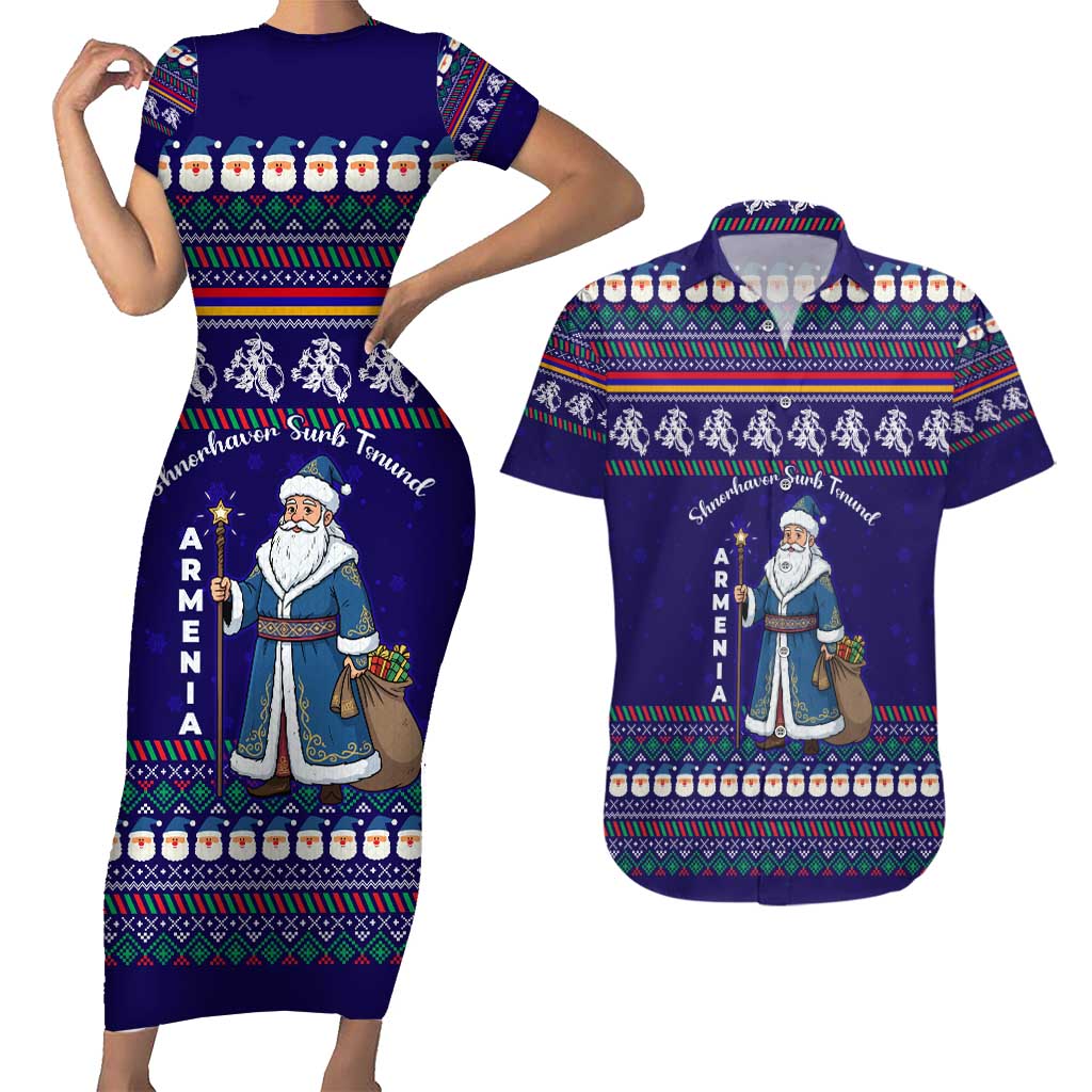 Armenia Christmas Couples Matching Short Sleeve Bodycon Dress and Hawaiian Shirt with Santa Claus Shnorhavor Surb Tsnund and Gift Bag Pattern - Wonder Print Shop
