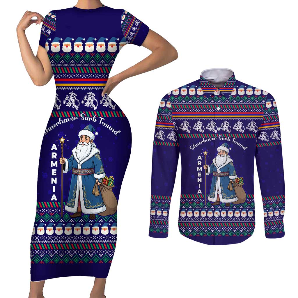 Armenia Christmas Couples Matching Short Sleeve Bodycon Dress and Long Sleeve Button Shirt with Santa Claus Shnorhavor Surb Tsnund and Gift Bag Pattern - Wonder Print Shop
