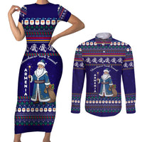 Armenia Christmas Couples Matching Short Sleeve Bodycon Dress and Long Sleeve Button Shirt with Santa Claus Shnorhavor Surb Tsnund and Gift Bag Pattern - Wonder Print Shop
