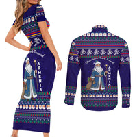 Armenia Christmas Couples Matching Short Sleeve Bodycon Dress and Long Sleeve Button Shirt with Santa Claus Shnorhavor Surb Tsnund and Gift Bag Pattern - Wonder Print Shop