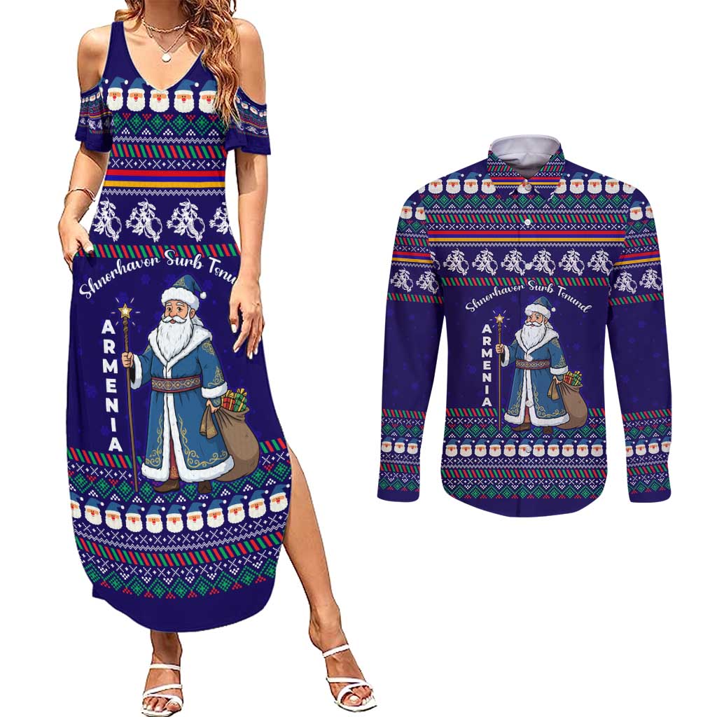 Armenia Christmas Couples Matching Summer Maxi Dress and Long Sleeve Button Shirt with Santa Claus Shnorhavor Surb Tsnund and Gift Bag Pattern - Wonder Print Shop