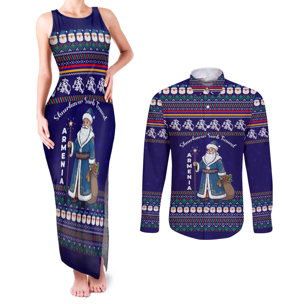 Armenia Christmas Couples Matching Tank Maxi Dress and Long Sleeve Button Shirt with Santa Claus Shnorhavor Surb Tsnund and Gift Bag Pattern - Wonder Print Shop
