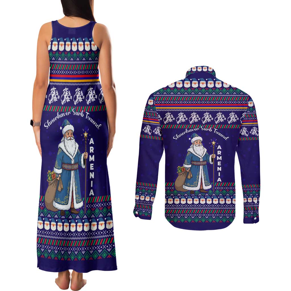 Armenia Christmas Couples Matching Tank Maxi Dress and Long Sleeve Button Shirt with Santa Claus Shnorhavor Surb Tsnund and Gift Bag Pattern - Wonder Print Shop