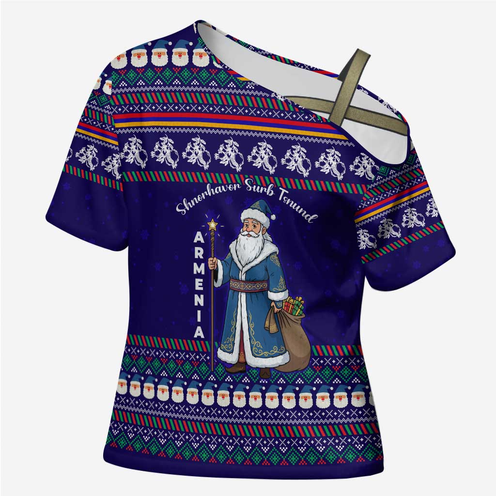 Armenia Christmas Cross Shoulder Shirt with Santa Claus Shnorhavor Surb Tsnund and Gift Bag Pattern - Wonder Print Shop