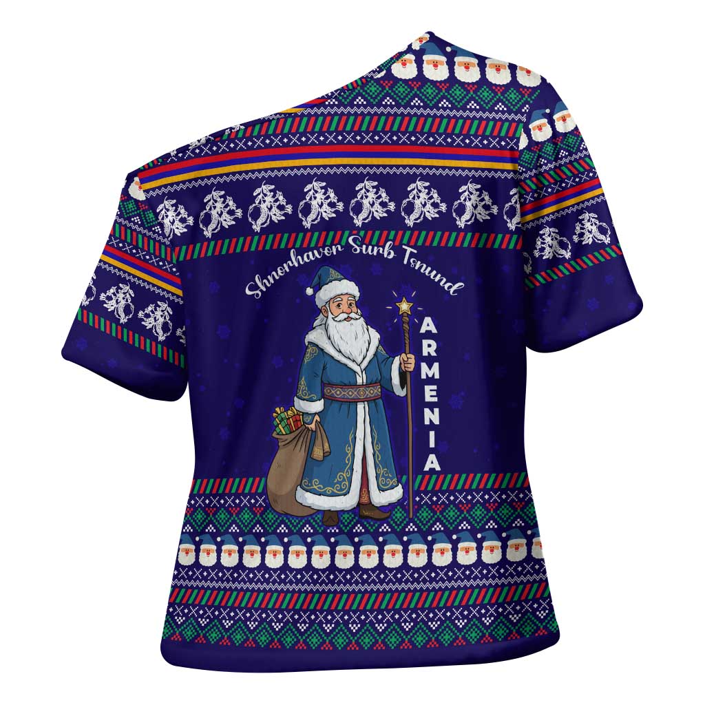 Armenia Christmas Cross Shoulder Shirt with Santa Claus Shnorhavor Surb Tsnund and Gift Bag Pattern - Wonder Print Shop