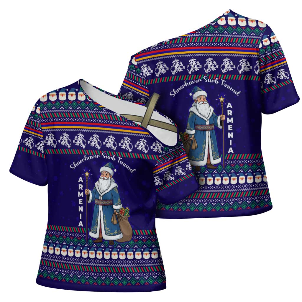 Armenia Christmas Cross Shoulder Shirt with Santa Claus Shnorhavor Surb Tsnund and Gift Bag Pattern - Wonder Print Shop