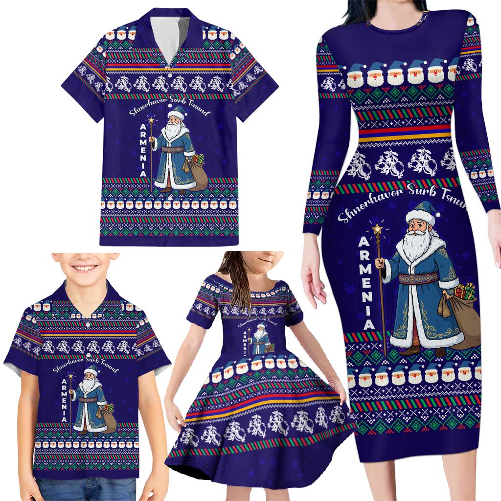 Armenia Christmas Family Matching Long Sleeve Bodycon Dress and Hawaiian Shirt with Santa Claus Shnorhavor Surb Tsnund and Gift Bag Pattern - Wonder Print Shop