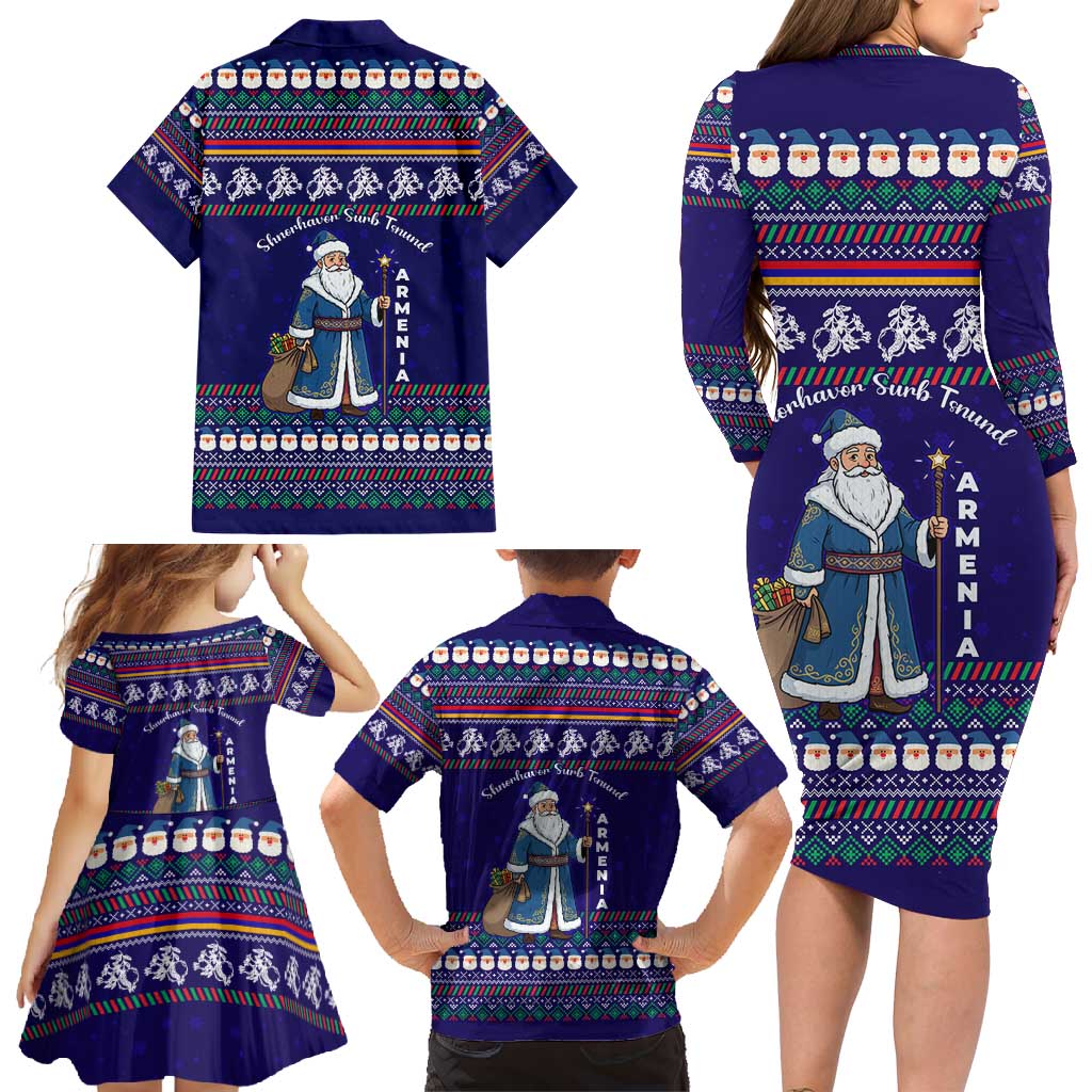 Armenia Christmas Family Matching Long Sleeve Bodycon Dress and Hawaiian Shirt with Santa Claus Shnorhavor Surb Tsnund and Gift Bag Pattern - Wonder Print Shop