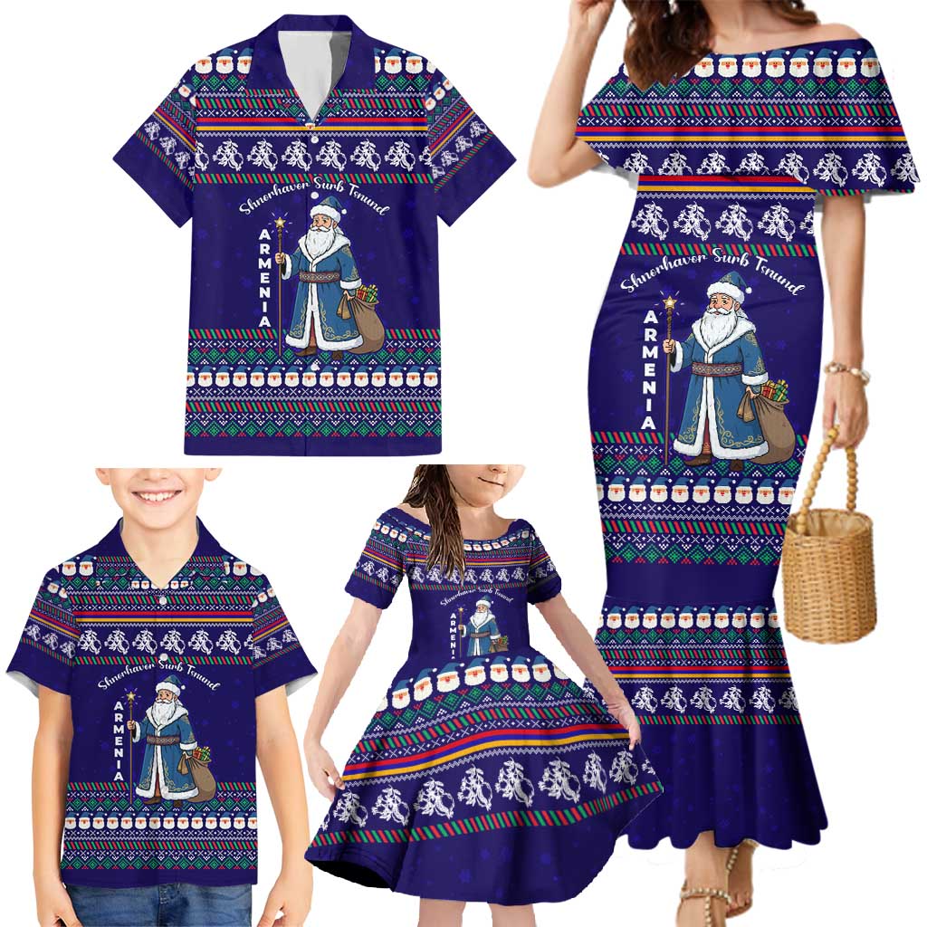 Armenia Christmas Family Matching Mermaid Dress and Hawaiian Shirt with Santa Claus Shnorhavor Surb Tsnund and Gift Bag Pattern - Wonder Print Shop