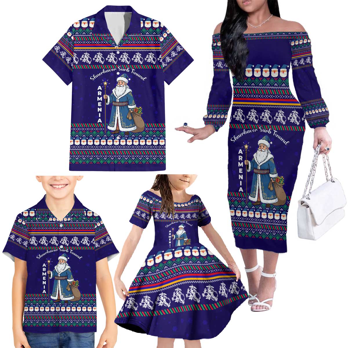 Armenia Christmas Family Matching Off The Shoulder Long Sleeve Dress and Hawaiian Shirt with Santa Claus Shnorhavor Surb Tsnund and Gift Bag Pattern - Wonder Print Shop