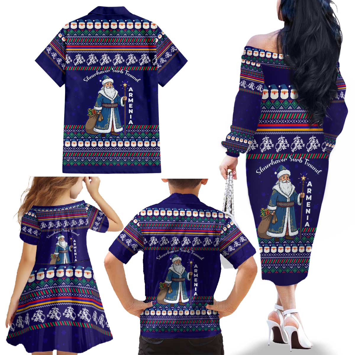 Armenia Christmas Family Matching Off The Shoulder Long Sleeve Dress and Hawaiian Shirt with Santa Claus Shnorhavor Surb Tsnund and Gift Bag Pattern - Wonder Print Shop