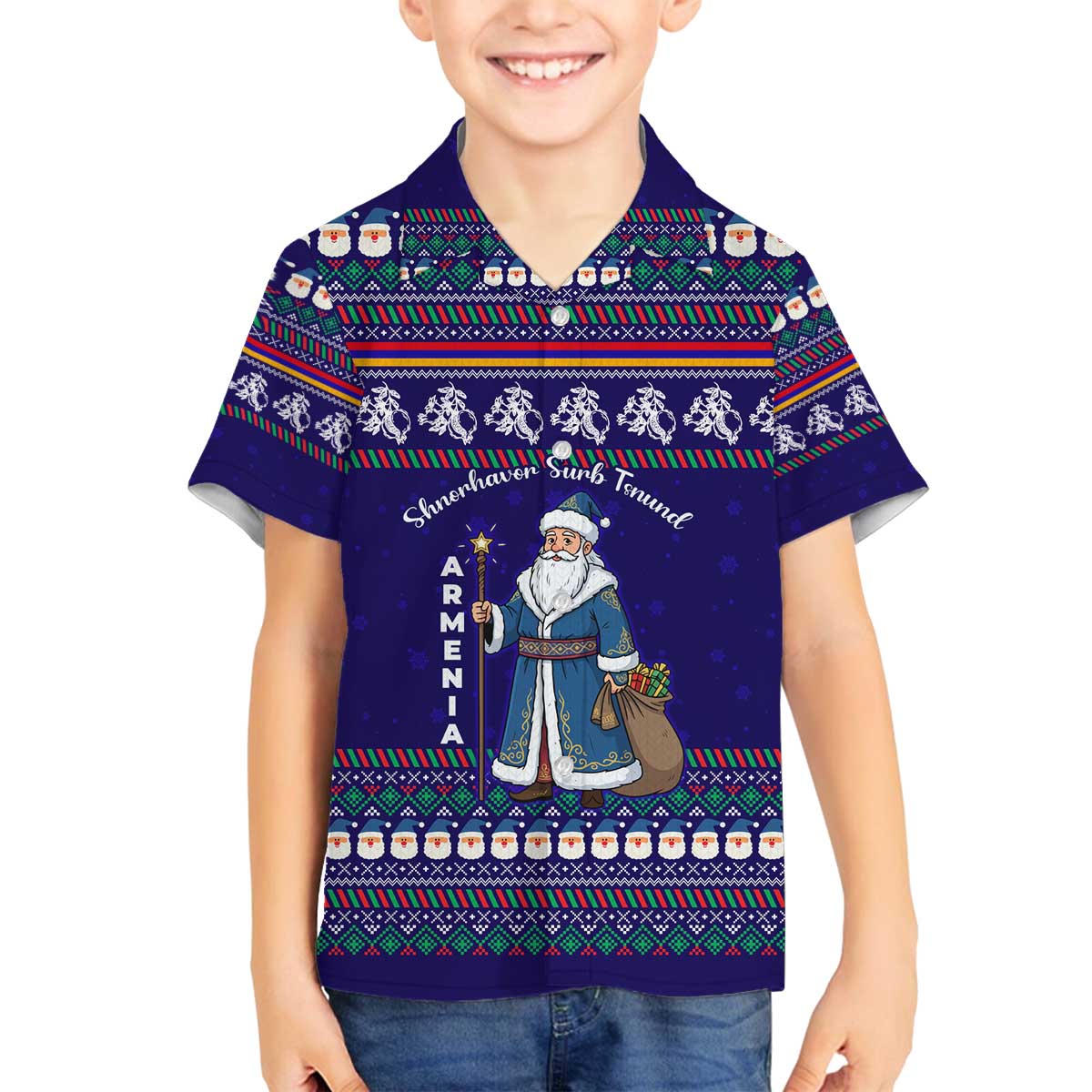 Armenia Christmas Family Matching Off The Shoulder Long Sleeve Dress and Hawaiian Shirt with Santa Claus Shnorhavor Surb Tsnund and Gift Bag Pattern - Wonder Print Shop