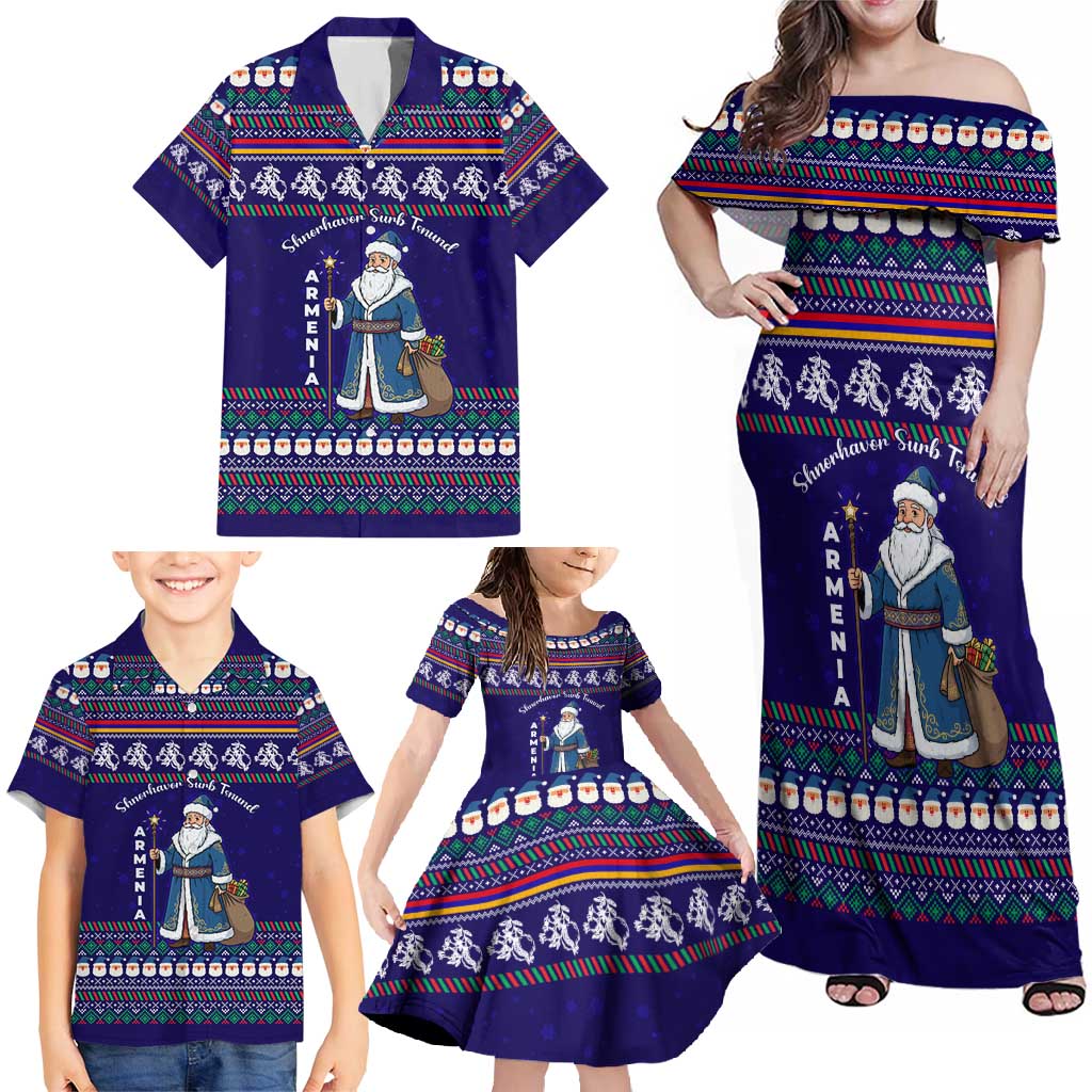 Armenia Christmas Family Matching Off Shoulder Maxi Dress and Hawaiian Shirt with Santa Claus Shnorhavor Surb Tsnund and Gift Bag Pattern - Wonder Print Shop