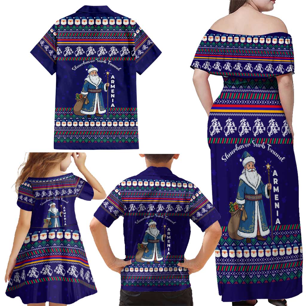 Armenia Christmas Family Matching Off Shoulder Maxi Dress and Hawaiian Shirt with Santa Claus Shnorhavor Surb Tsnund and Gift Bag Pattern - Wonder Print Shop