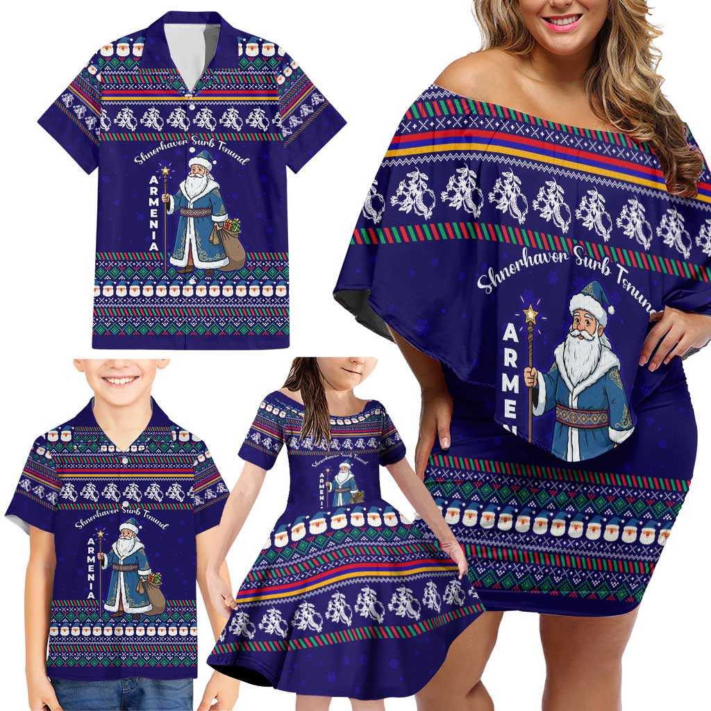 Armenia Christmas Family Matching Off Shoulder Short Dress and Hawaiian Shirt with Santa Claus Shnorhavor Surb Tsnund and Gift Bag Pattern - Wonder Print Shop