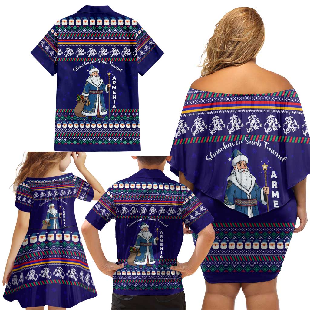 Armenia Christmas Family Matching Off Shoulder Short Dress and Hawaiian Shirt with Santa Claus Shnorhavor Surb Tsnund and Gift Bag Pattern - Wonder Print Shop