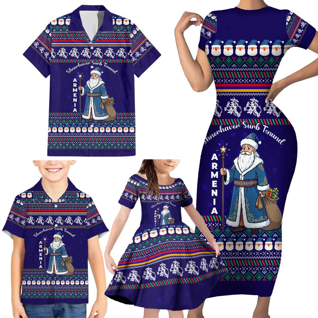 Armenia Christmas Family Matching Short Sleeve Bodycon Dress and Hawaiian Shirt with Santa Claus Shnorhavor Surb Tsnund and Gift Bag Pattern - Wonder Print Shop