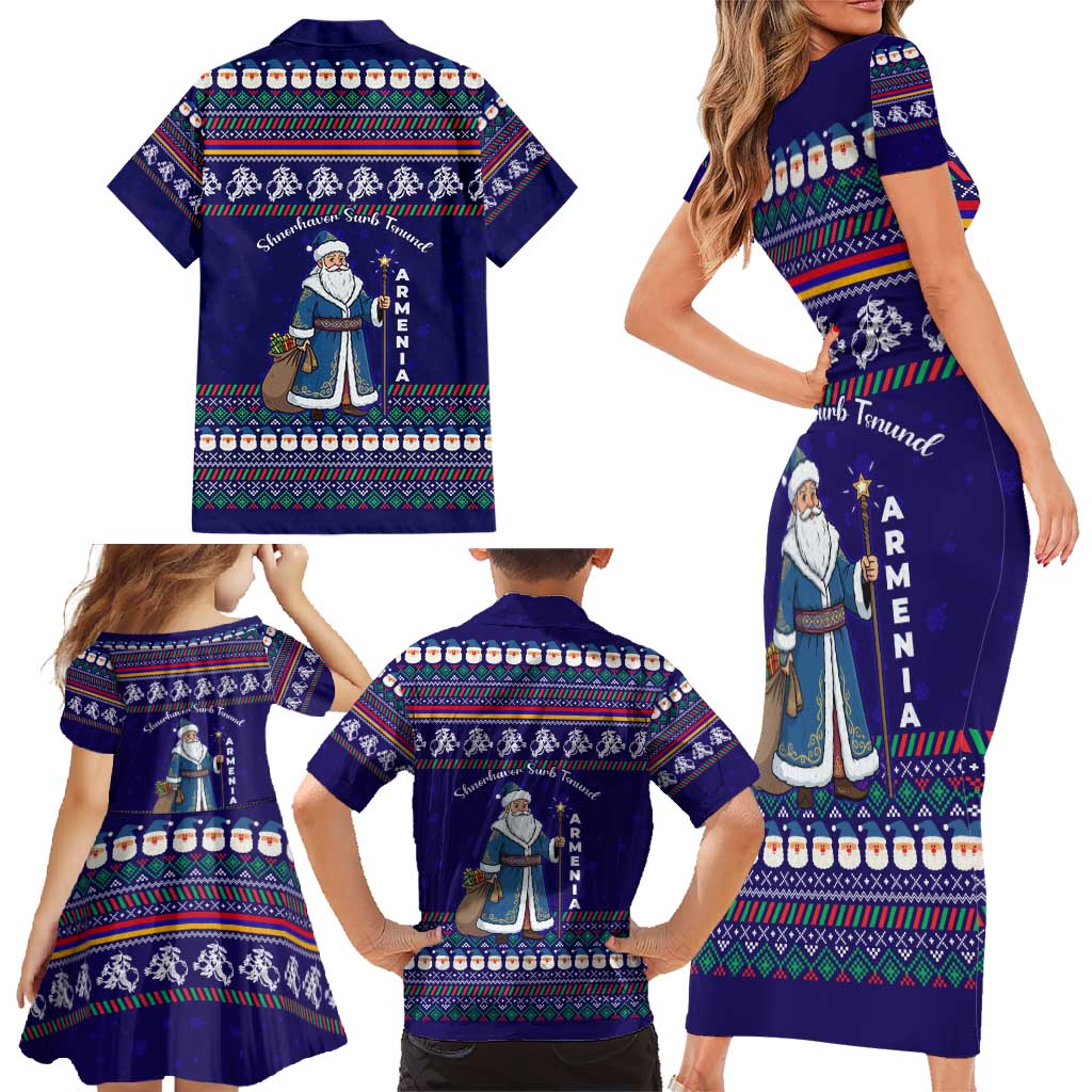 Armenia Christmas Family Matching Short Sleeve Bodycon Dress and Hawaiian Shirt with Santa Claus Shnorhavor Surb Tsnund and Gift Bag Pattern - Wonder Print Shop
