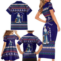 Armenia Christmas Family Matching Short Sleeve Bodycon Dress and Hawaiian Shirt with Santa Claus Shnorhavor Surb Tsnund and Gift Bag Pattern - Wonder Print Shop