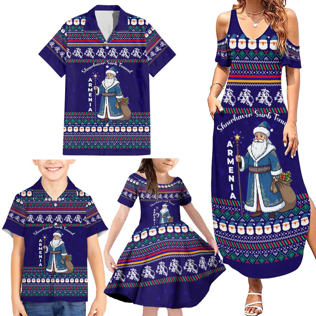 Armenia Christmas Family Matching Summer Maxi Dress and Hawaiian Shirt with Santa Claus Shnorhavor Surb Tsnund and Gift Bag Pattern - Wonder Print Shop