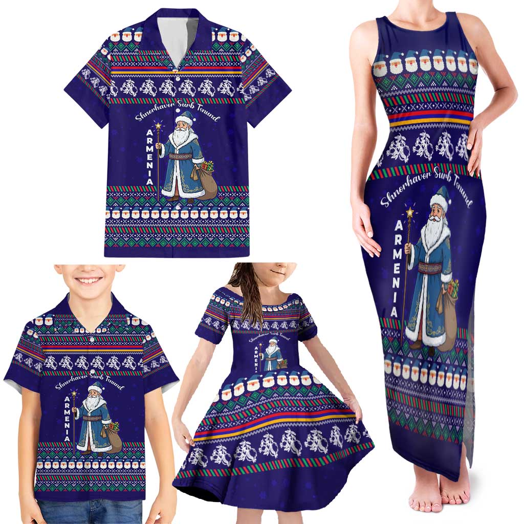 Armenia Christmas Family Matching Tank Maxi Dress and Hawaiian Shirt with Santa Claus Shnorhavor Surb Tsnund and Gift Bag Pattern - Wonder Print Shop