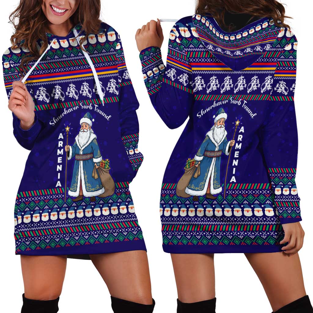 Armenia Christmas Hoodie Dress with Santa Claus Shnorhavor Surb Tsnund and Gift Bag Pattern - Wonder Print Shop