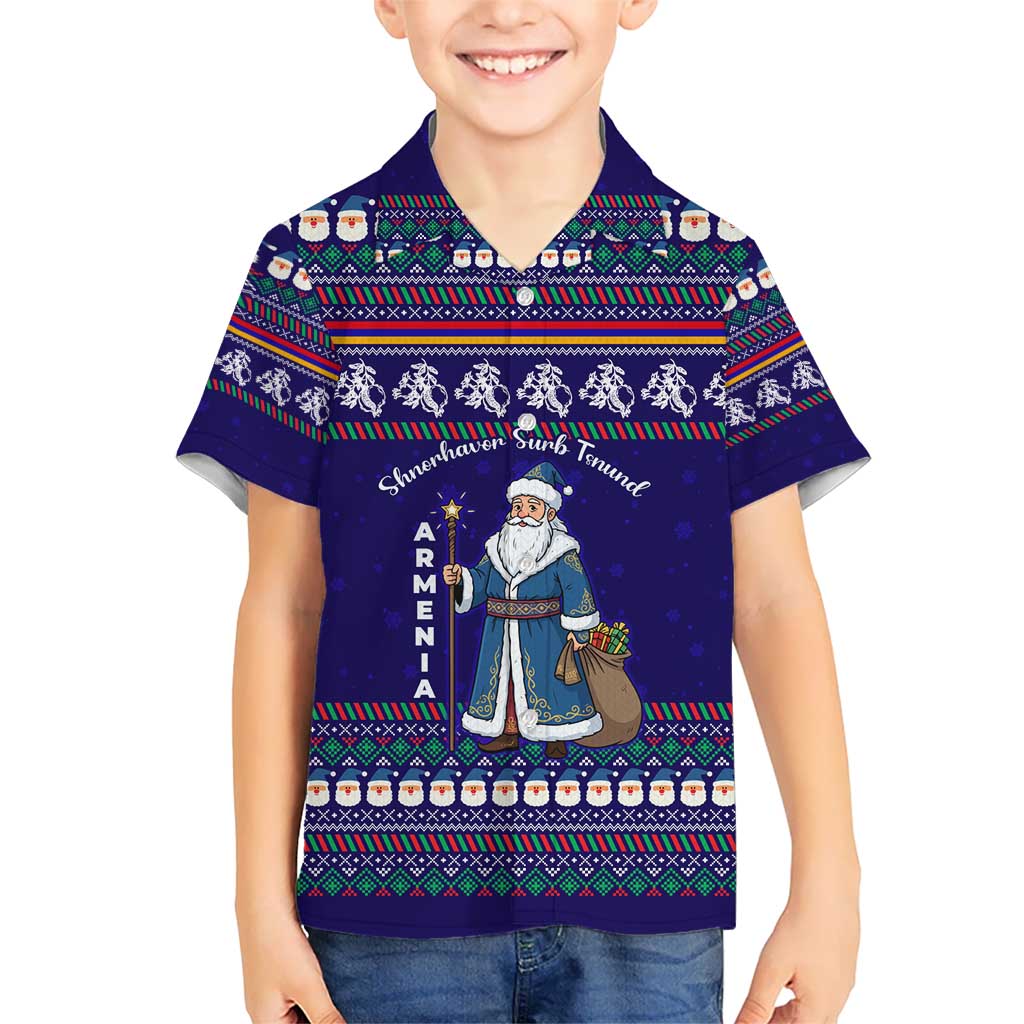 Armenia Christmas Kid Hawaiian Shirt with Santa Claus Shnorhavor Surb Tsnund and Gift Bag Pattern - Wonder Print Shop
