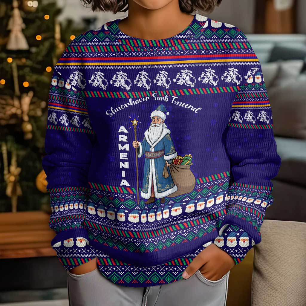 Armenia Christmas Kid Ugly Christmas Sweater with Santa Claus Shnorhavor Surb Tsnund and Gift Bag Pattern - Wonder Print Shop