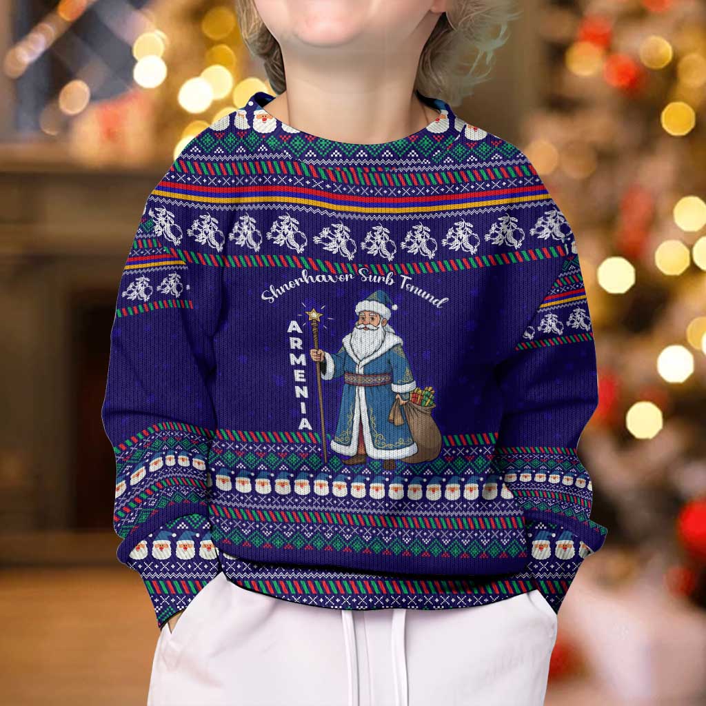 Armenia Christmas Kid Ugly Christmas Sweater with Santa Claus Shnorhavor Surb Tsnund and Gift Bag Pattern - Wonder Print Shop