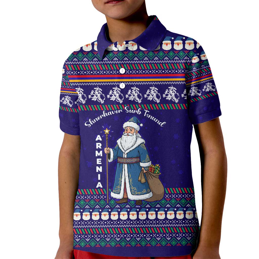 Armenia Christmas Kid Polo Shirt with Santa Claus Shnorhavor Surb Tsnund and Gift Bag Pattern - Wonder Print Shop
