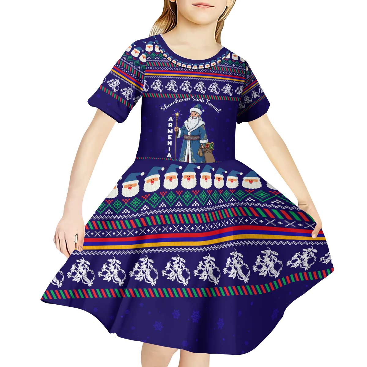 Armenia Christmas Kid Short Sleeve Dress with Santa Claus Shnorhavor Surb Tsnund and Gift Bag Pattern - Wonder Print Shop