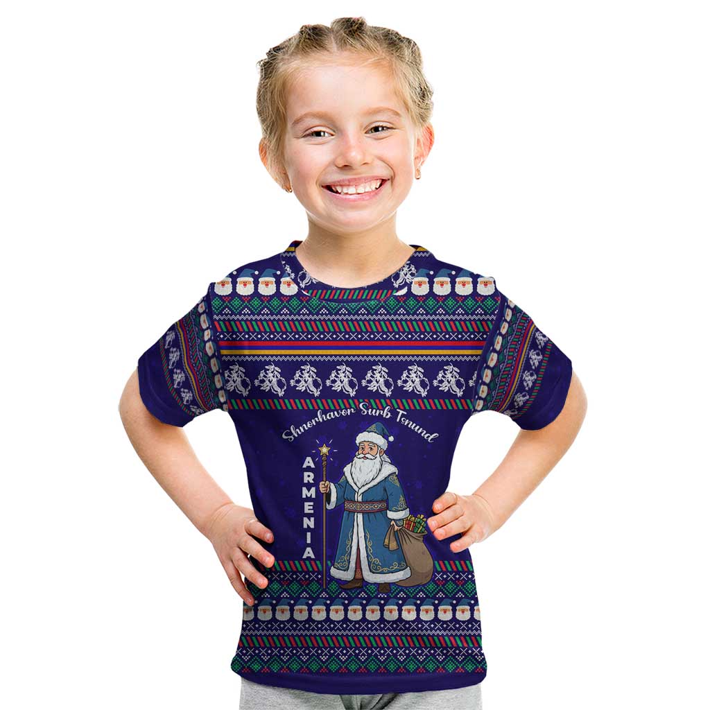 Armenia Christmas Kid T Shirt with Santa Claus Shnorhavor Surb Tsnund and Gift Bag Pattern - Wonder Print Shop