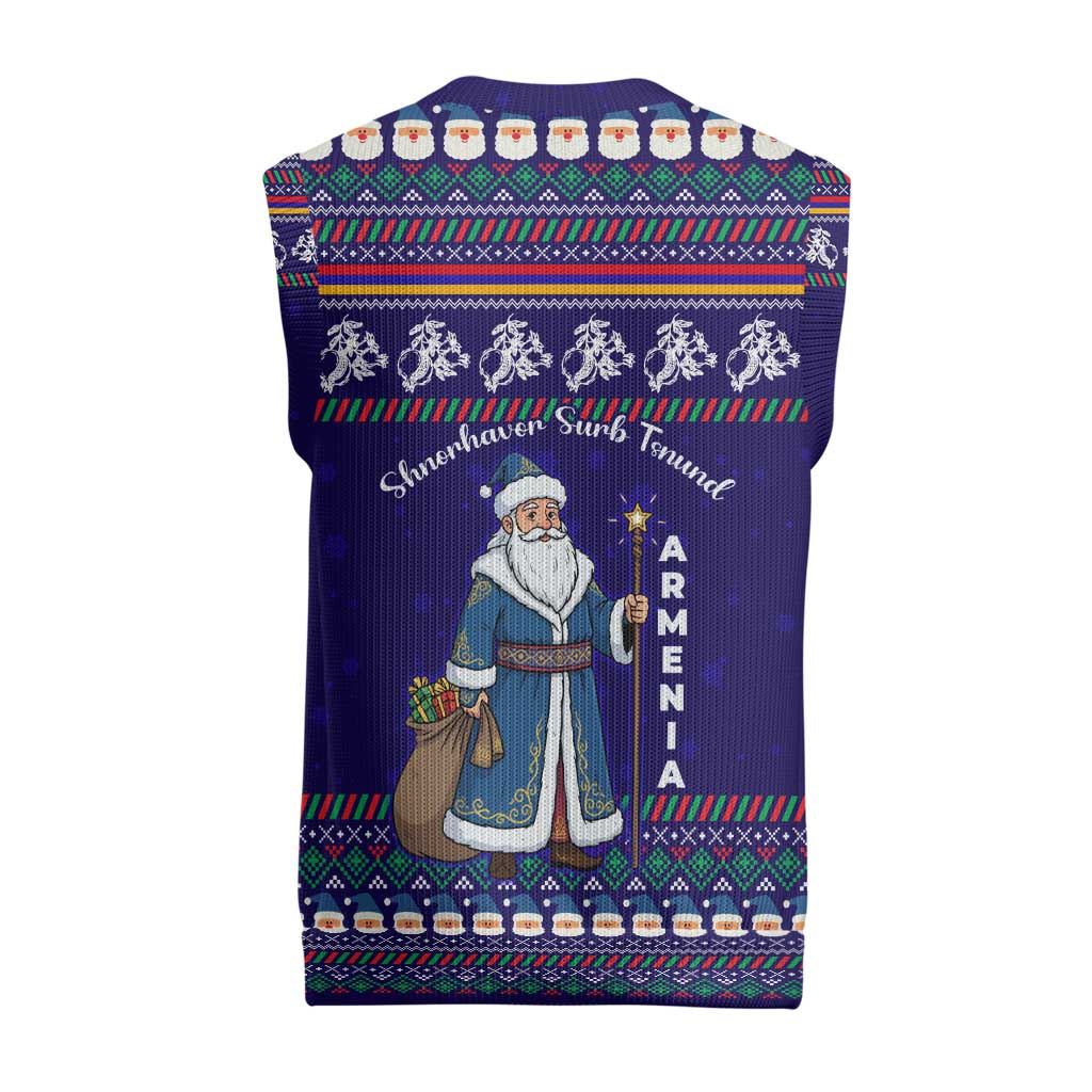 Armenia Christmas Knitted V-Neck Vest with Santa Claus Shnorhavor Surb Tsnund and Gift Bag Pattern - Wonder Print Shop