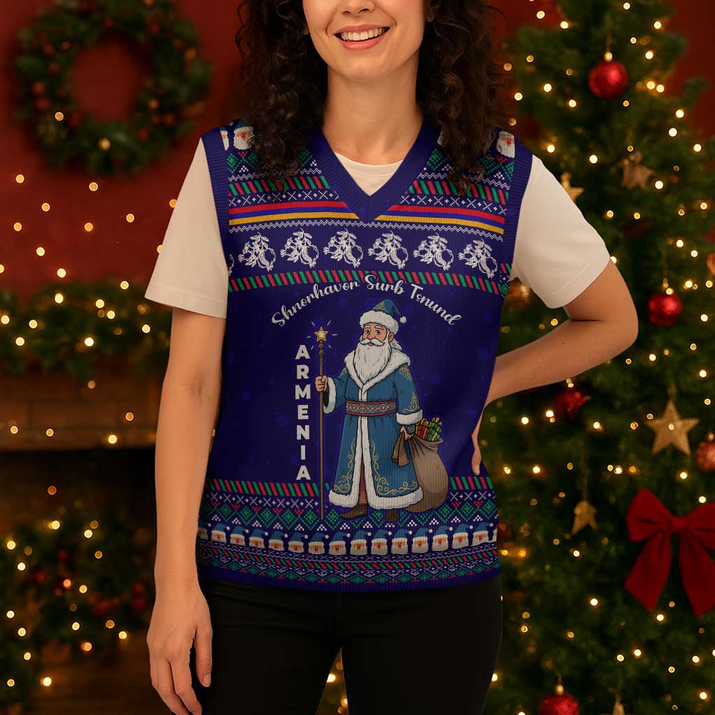 Armenia Christmas Knitted V-Neck Vest with Santa Claus Shnorhavor Surb Tsnund and Gift Bag Pattern - Wonder Print Shop