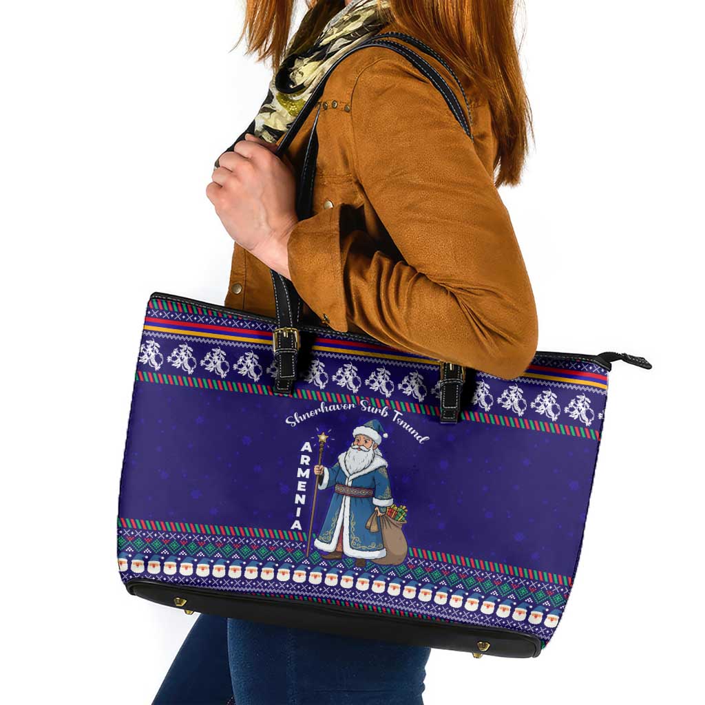 Armenia Christmas Leather Tote Bag with Santa Claus Shnorhavor Surb Tsnund and Gift Bag Pattern - Wonder Print Shop