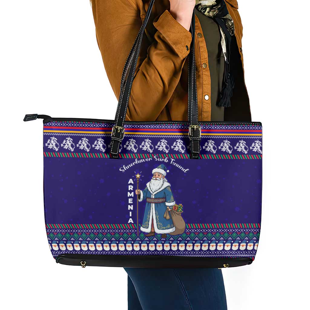 Armenia Christmas Leather Tote Bag with Santa Claus Shnorhavor Surb Tsnund and Gift Bag Pattern - Wonder Print Shop