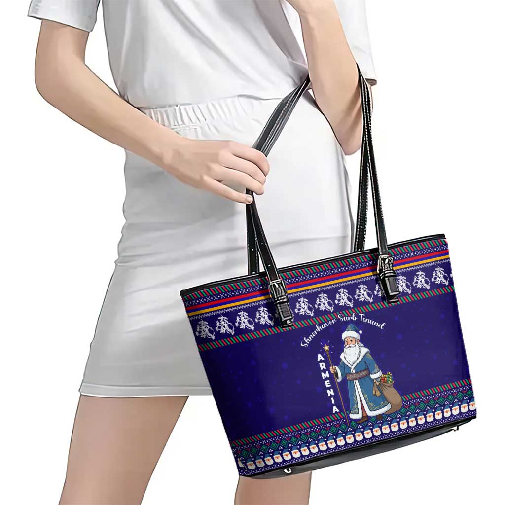 Armenia Christmas Leather Tote Bag with Santa Claus Shnorhavor Surb Tsnund and Gift Bag Pattern - Wonder Print Shop