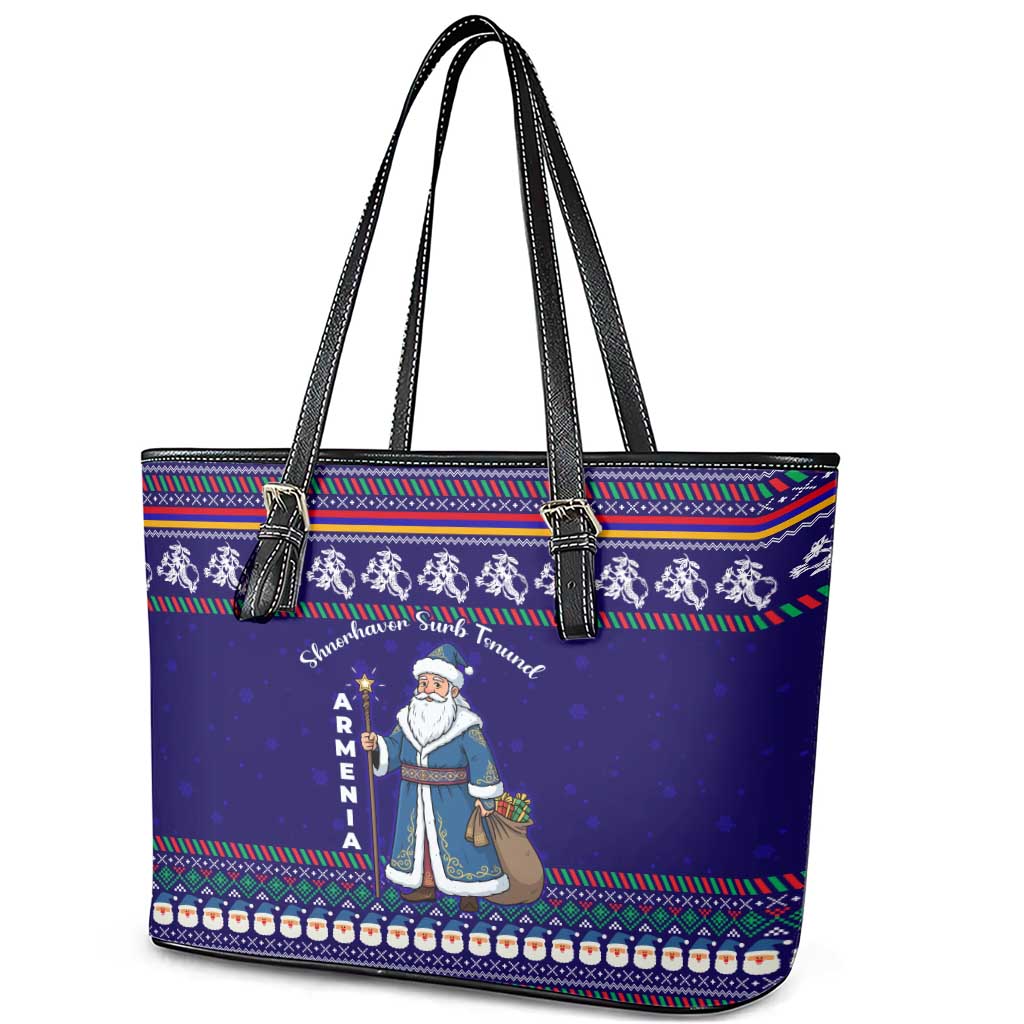 Armenia Christmas Leather Tote Bag with Santa Claus Shnorhavor Surb Tsnund and Gift Bag Pattern - Wonder Print Shop