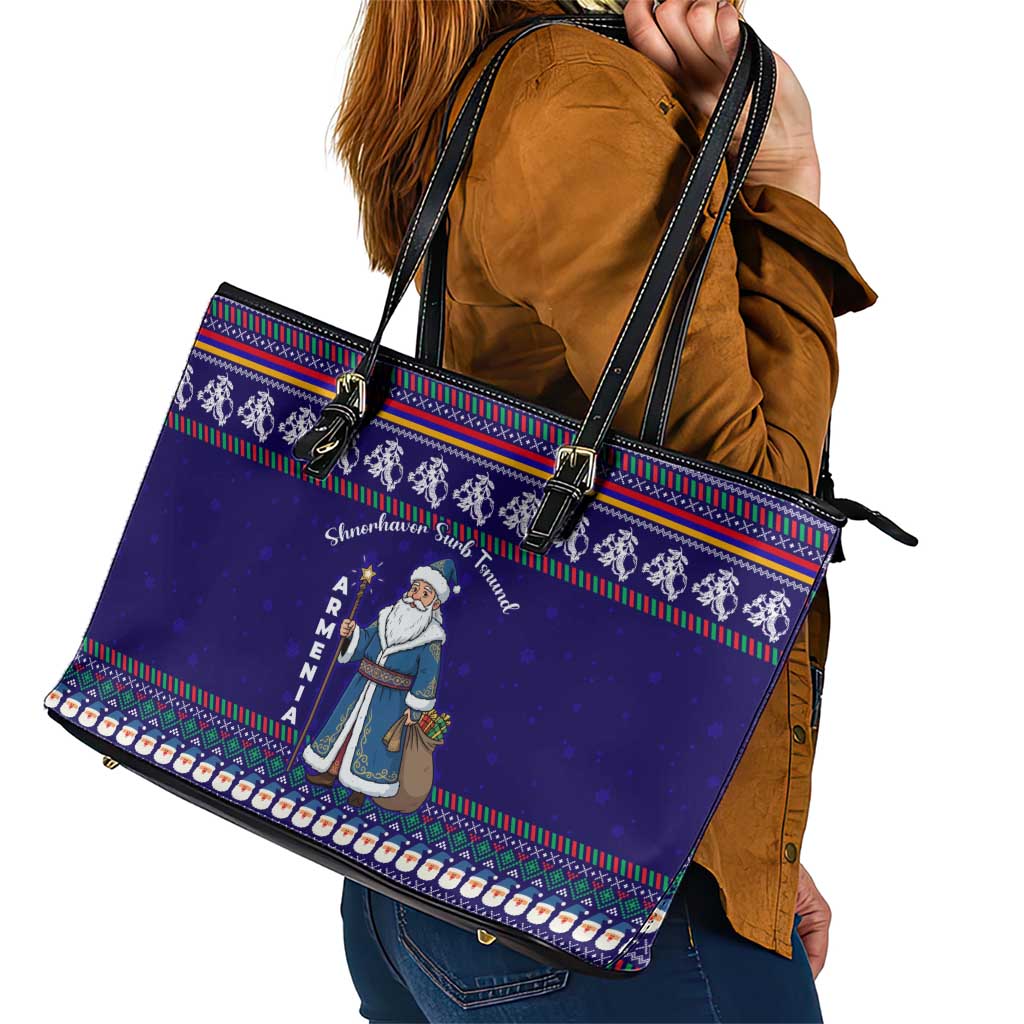 Armenia Christmas Leather Tote Bag with Santa Claus Shnorhavor Surb Tsnund and Gift Bag Pattern - Wonder Print Shop