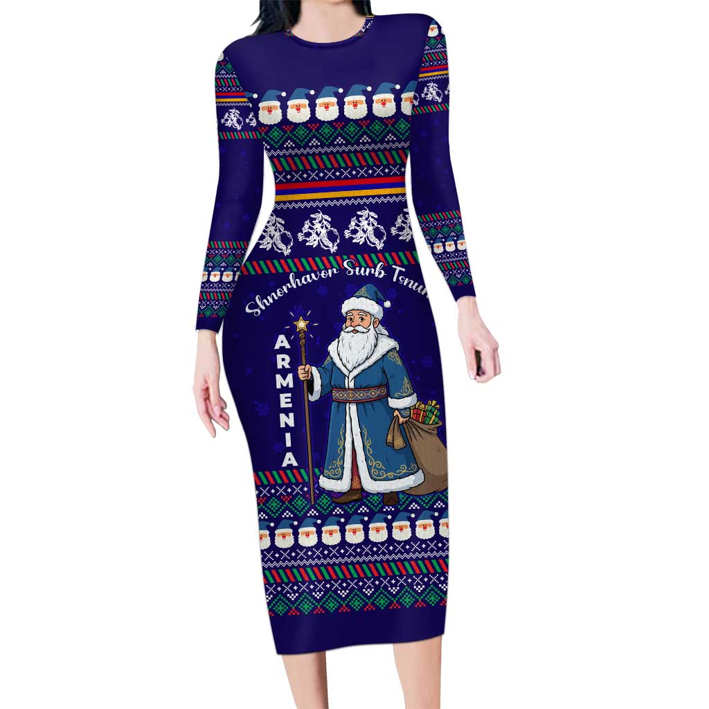 Armenia Christmas Long Sleeve Bodycon Dress with Santa Claus Shnorhavor Surb Tsnund and Gift Bag Pattern - Wonder Print Shop